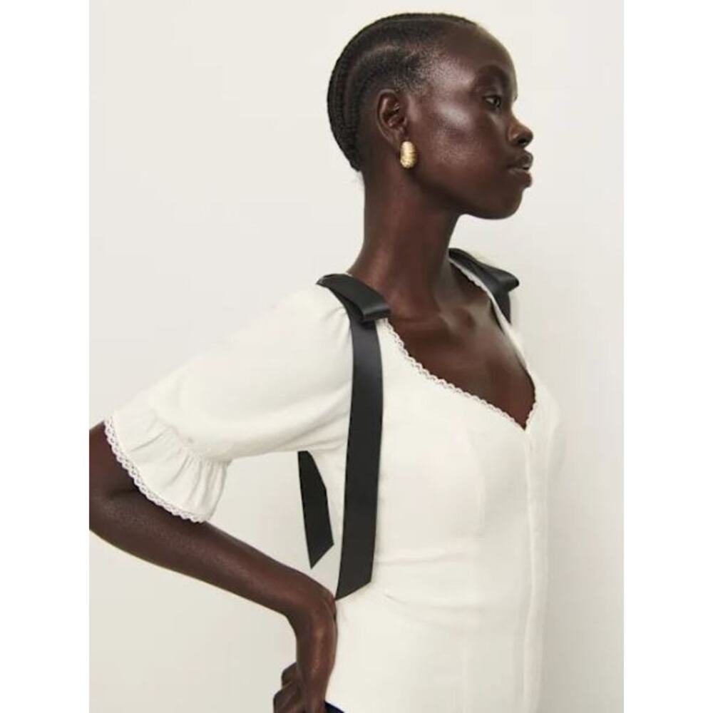 Reformation Inara Top Cropped Smocked Lace Trim Bow Shoulders Gossamer Size 6 - Picture 5 of 8